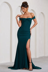 Bottle Green Ruched Bardot Split Fishtail Maxi Dress